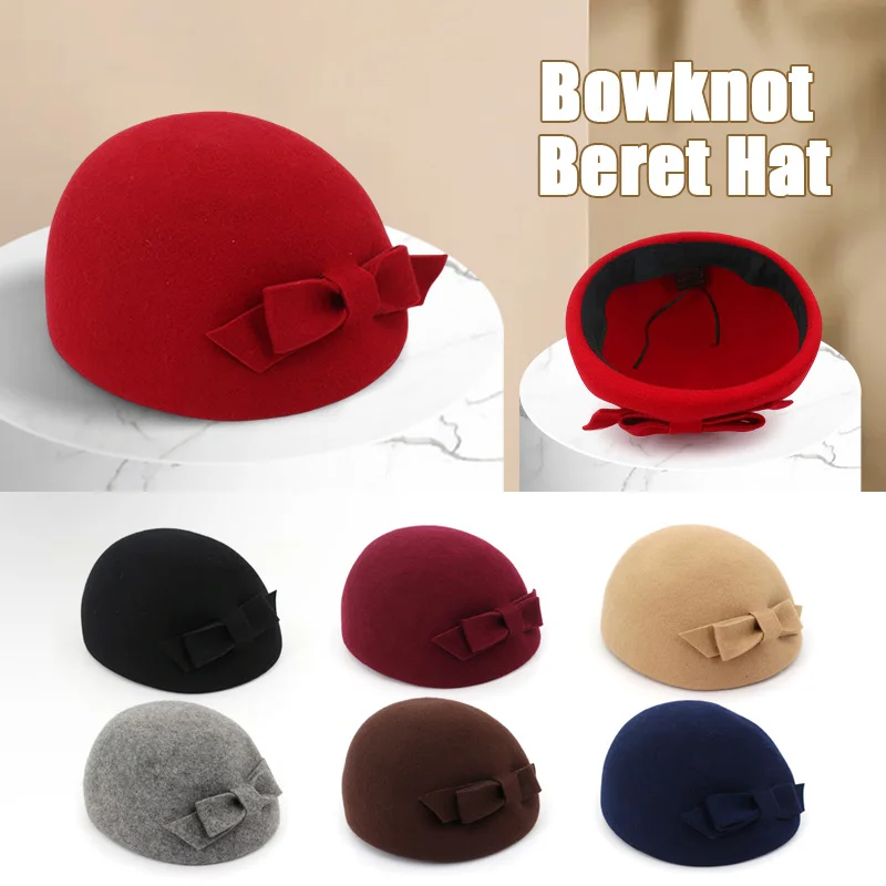 New Women's Fedoras Felt Hat Korean Style Bow Knot Bowl Beret Topper Winter Fashion British Style Vintage Wool Painter Hat