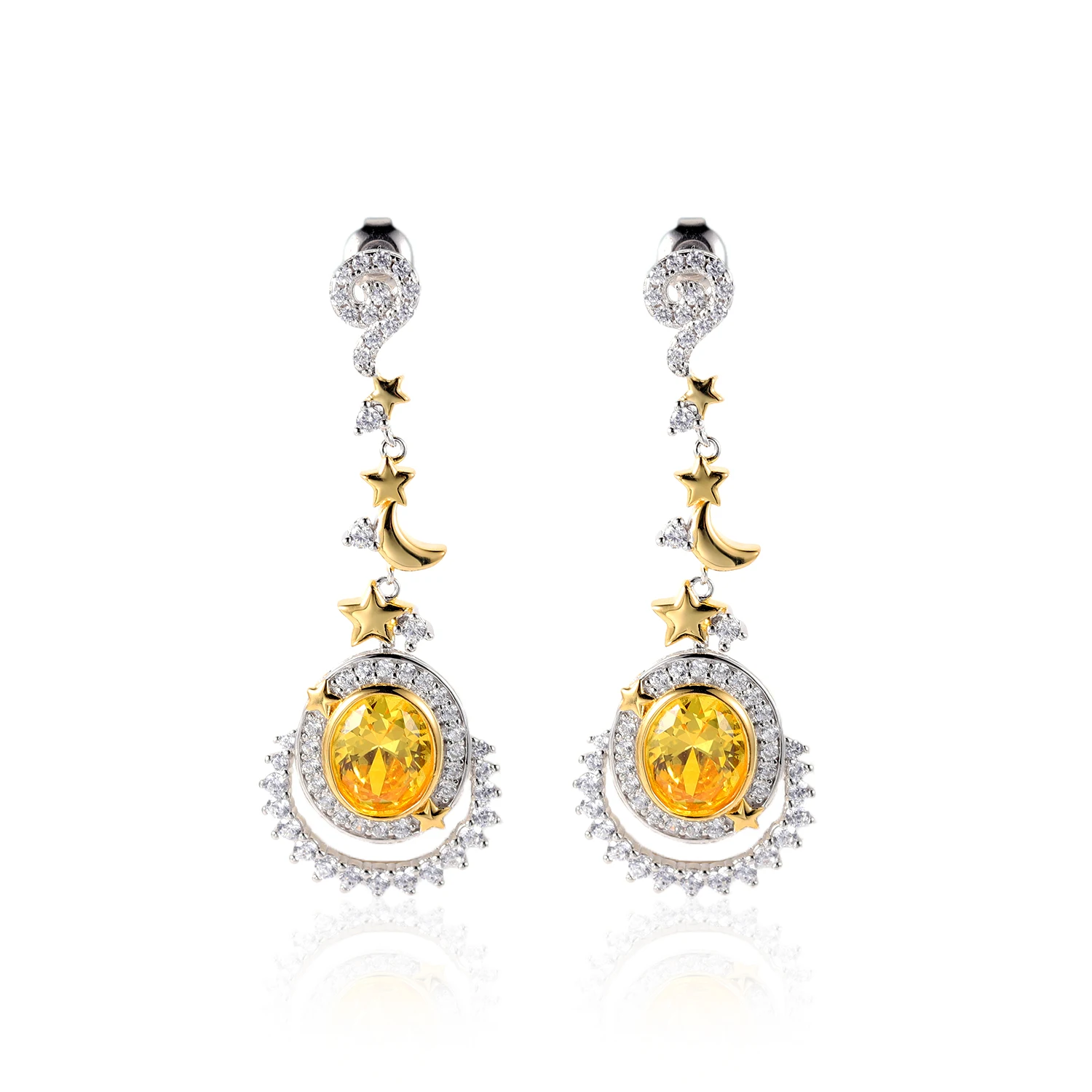 

New Moon Star Bezel Golden Yellow Cubic Zirconia Handmade 925 Sterling Silver Trendy Earrings