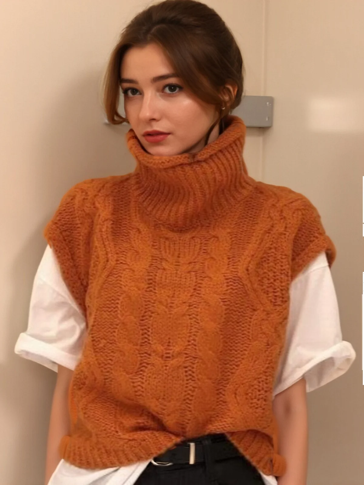 Colete de Tricô F de Gola Alta, Novo Design de Inverno, Sensação de Moda, Camada Solta e Versátil, Sem Mangas