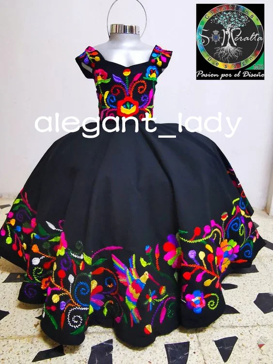 Little Girls Princess Quinceanera Dresses Black Puffy Skirt Embroidery Lace-up Top Flower Girls Dress for Birthday customsized