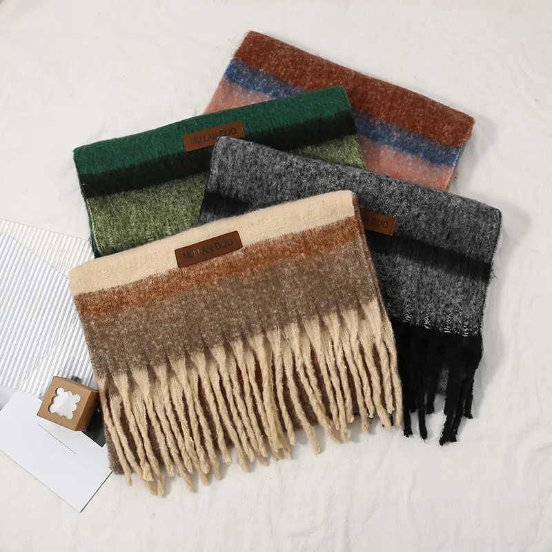 New Fashionable Trend Winter Plaid Scarf Women Luxury Brand Imitation Cashmere Thickened Warm Tassel Rainbow Color Shawl