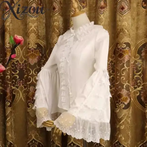 Blusa de encaje de Lolita de manga larga de gasa interior de Color puro de Color sólido con mangas Bell Ji, camisa de mujer, blusas ajustadas