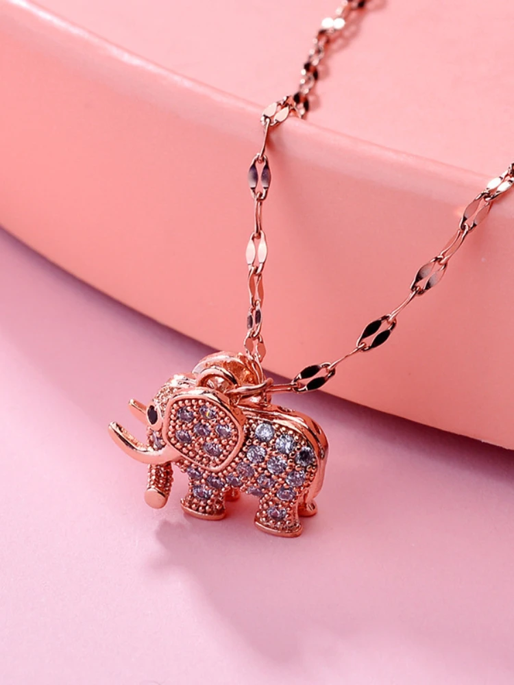 Women\'s Luxury Cubic Zirconia Elephant Pendant Necklace Stainless Steel Chain Aesthetic Statement Vintage Jewelry for Girls Gift