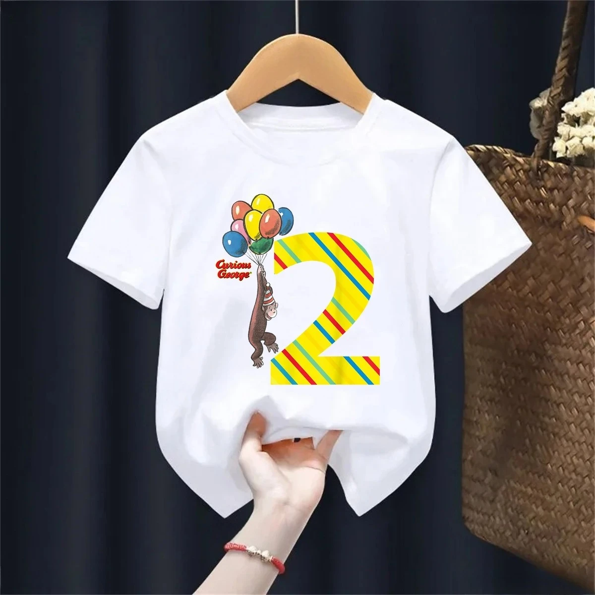 Alles Gute zum Geburtstag 2./3. Bedrucktes Sommer-T-Shirt Mädchen/Jungen Lustige Kawaii-Kinderkleidung Affe mit Ballon-T-Shirt-Oberteile