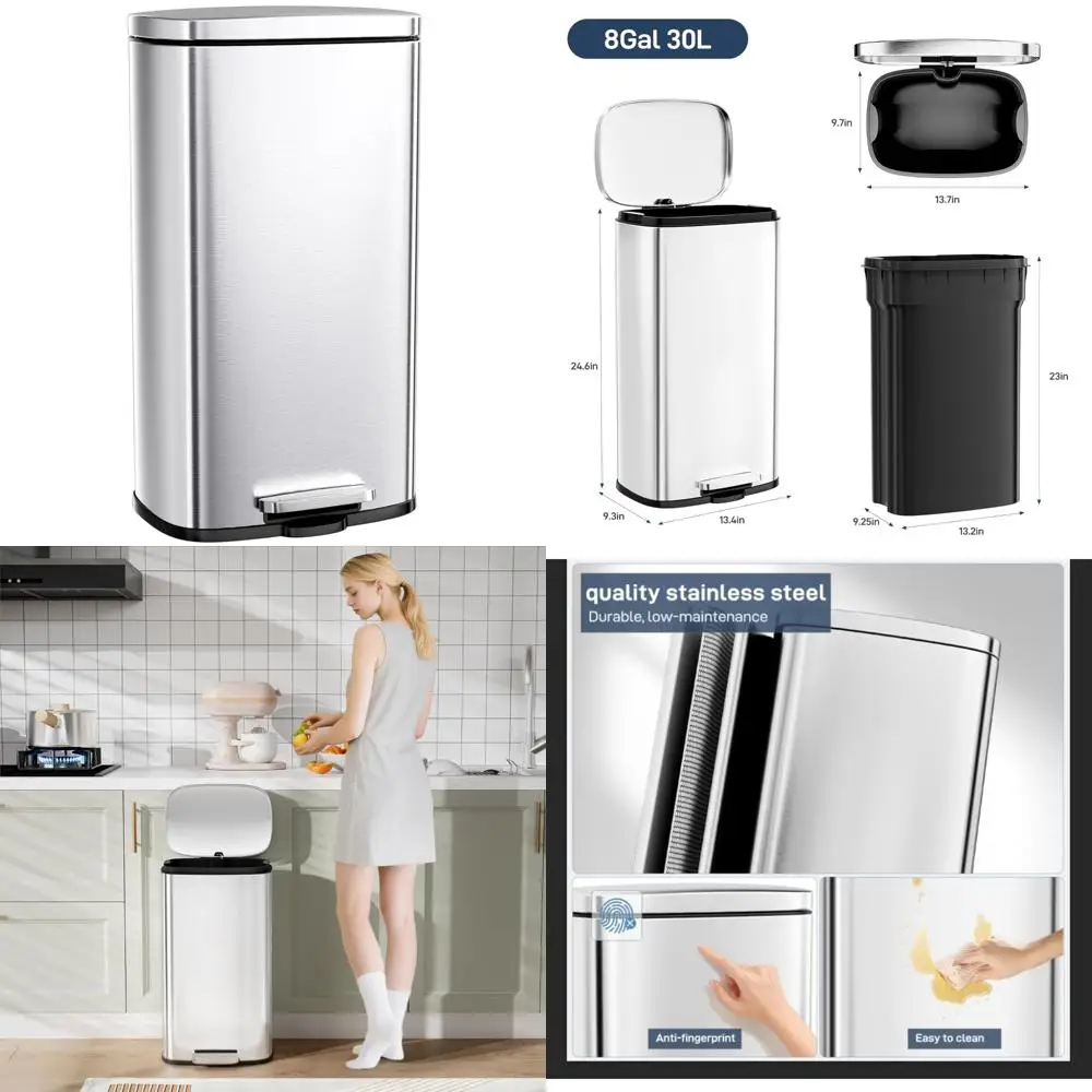 

Stainless Steel 8 Gallon Trash Can with Soft-Close Lid and Removable Plastic Inner Bucket for Easy Cleaning and Waste Disposal