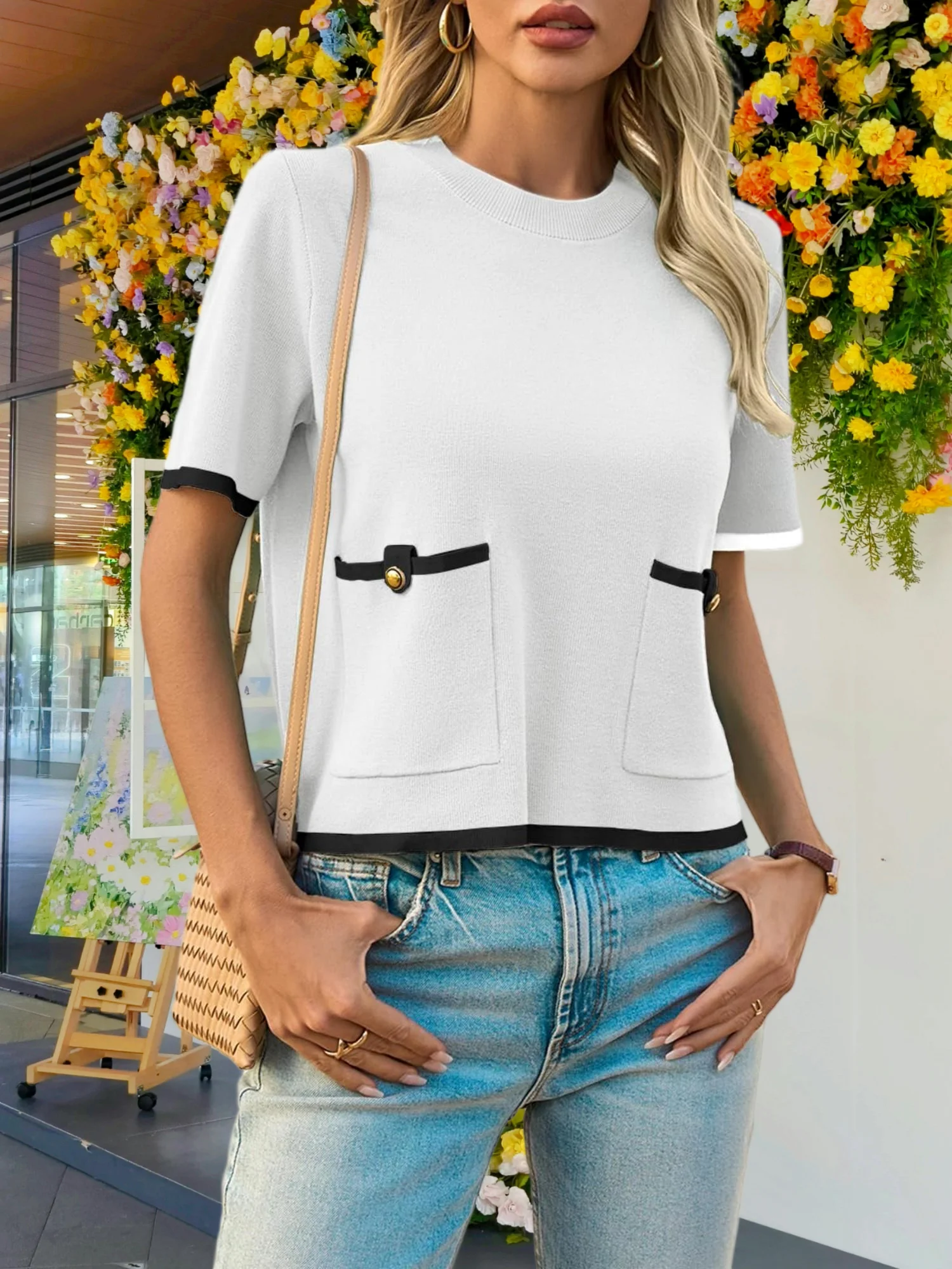 

Женский летний топ с круглым вырезом и половиной рукавов с цветными блоками и карманами, струящаяся повседневная трикотажная рубашка