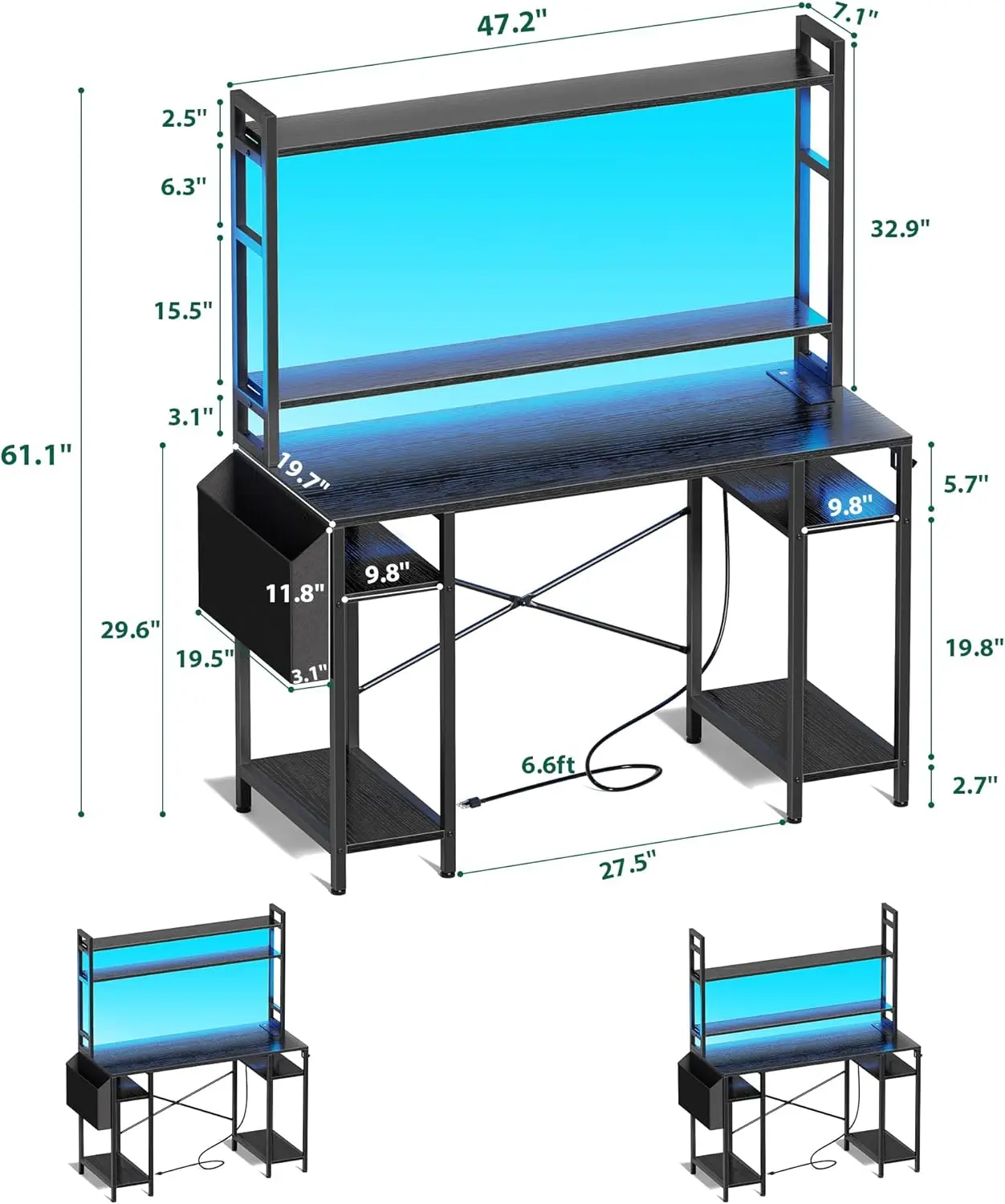 Bureau d'ordinateur avec étagères réglables, bureau de jeu avec lumières LED, prises de courant, support de moniteur, crochets et support de processeur, 47 pouces