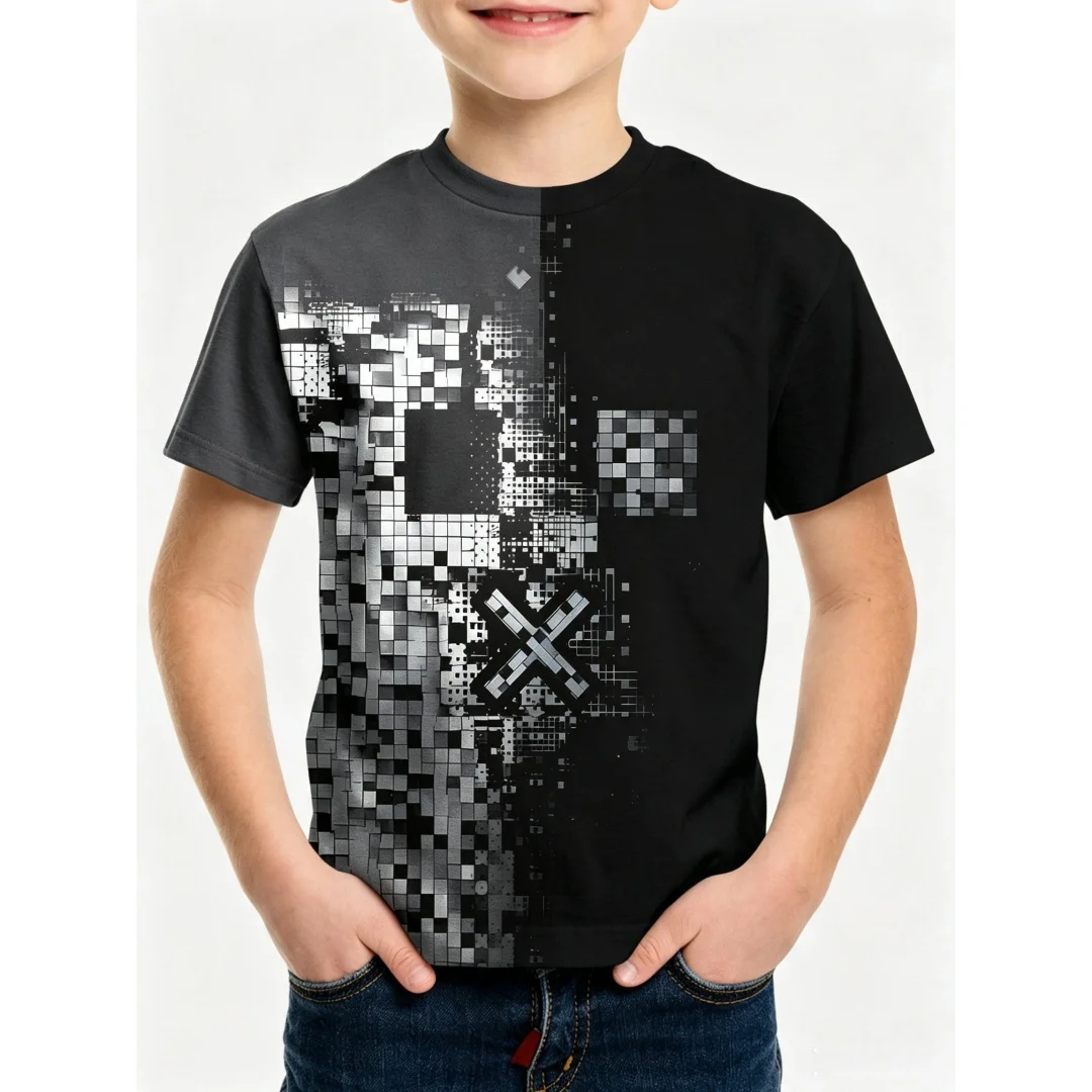 Boy's Blue Technology Pixel Grid Cross-Print Round-neck Short-Sleeve T-Shirt -Fashionable,Lightweight,High-End Summer Streetwear