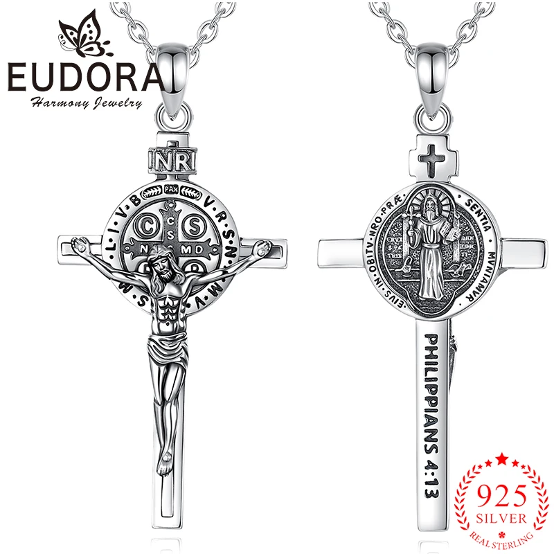 

Eudora стерлингового серебра 925, распятие, крест Иисуса, ожерелье с медалью Святого Бенедикта, кулон, религиозные украшения, подарок для мужчин и женщин