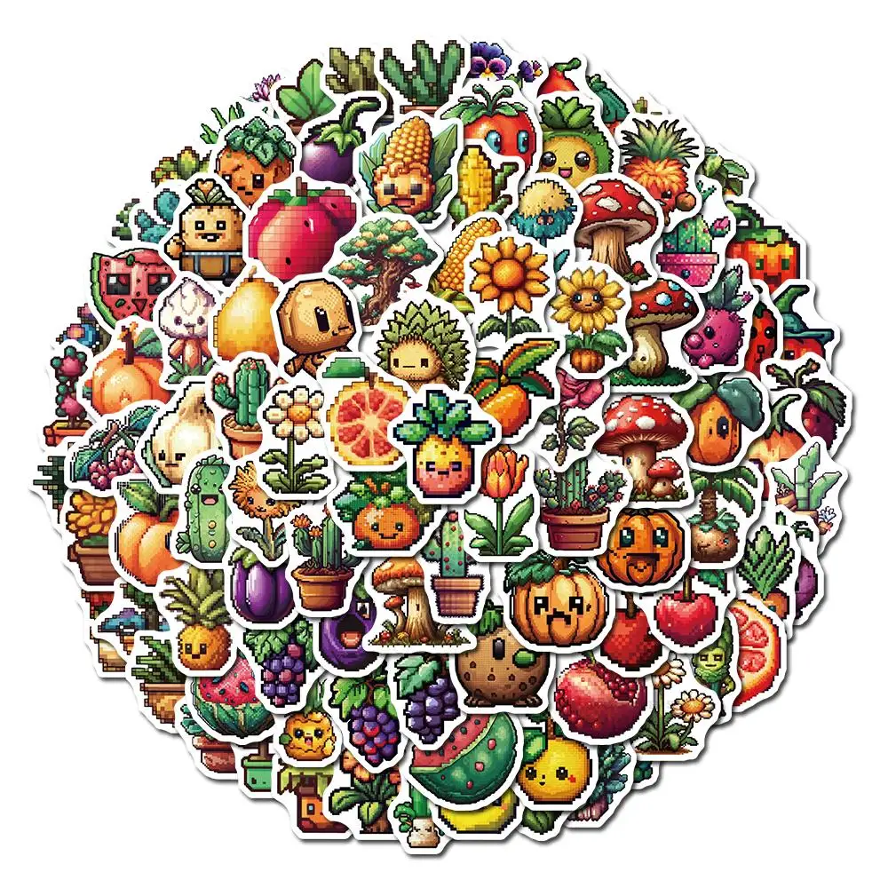 100PCS Art Pixel Fruits and Vegetables Print Sticker Cartoon for Laptop Guitar Water Phone Waterproof Stickers for Kids Toys