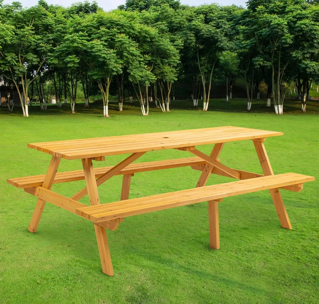 

8-Person Solid Wood Picnic Table Outdoor Rectangular Picnic Wooden Table and Chairs Set for Patio Backyard (Natural Brown)