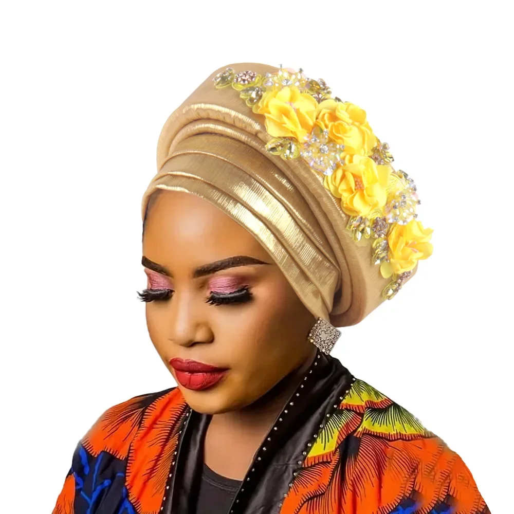 

Already Made Diamonds Flower Turban Cap Nigeria Auto Gele Headtie Wedding Geles Head Wraps Women Hijab Hat Party Bonnet Headgear