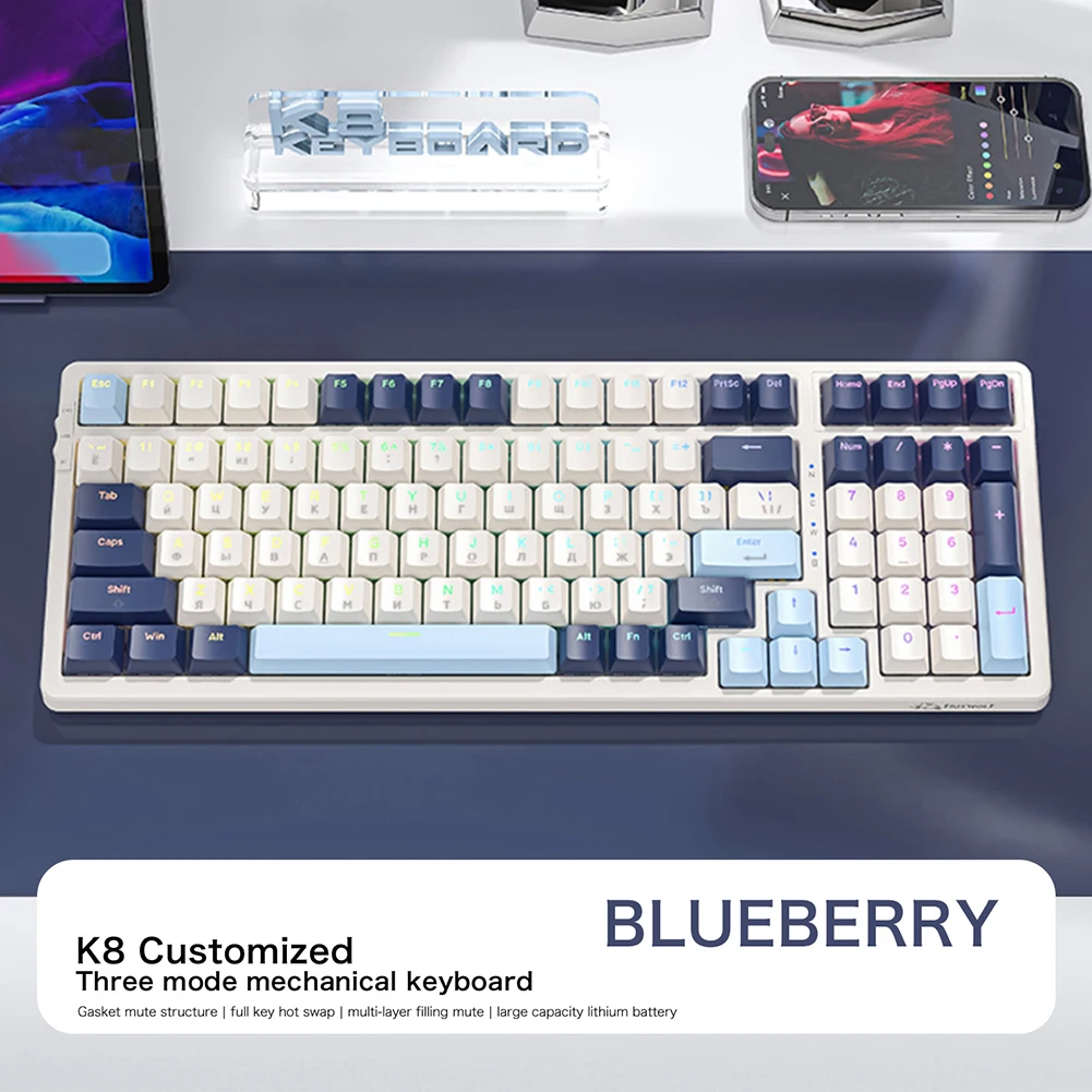 Russian K8 Mechanical Keyboard Wireless 2.4 BT5.0 Wired Keyboard Hot Swap Keyboard 100 Keys Silent Typing Ergonomics Keyboard