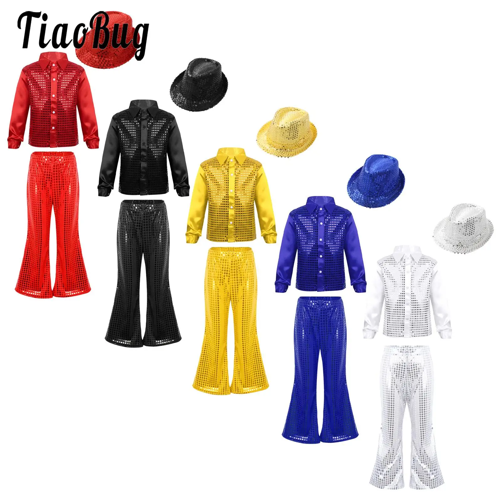 

Kids Jazz Dance Costumes Children Boys Girls Modern Disco Dancing Outfits Party Shiny Sequin Dance Shirts Flared Pants and Hat