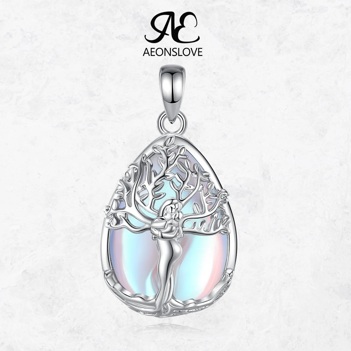 

AEONSLOVE Moonstone Tree of Life Necklace Water Drop Mother Child Pendant Celtic Goddess Amulet Family Tree Jewelry Gift for Mom