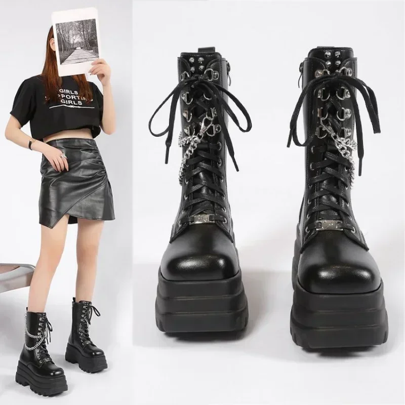 

2025 Platform Thick Gothic Boots Lady Buckle Autumn Shoes Women Wedges Knee High Boot Punk Street Cosplay Botas Motorcycle Chain