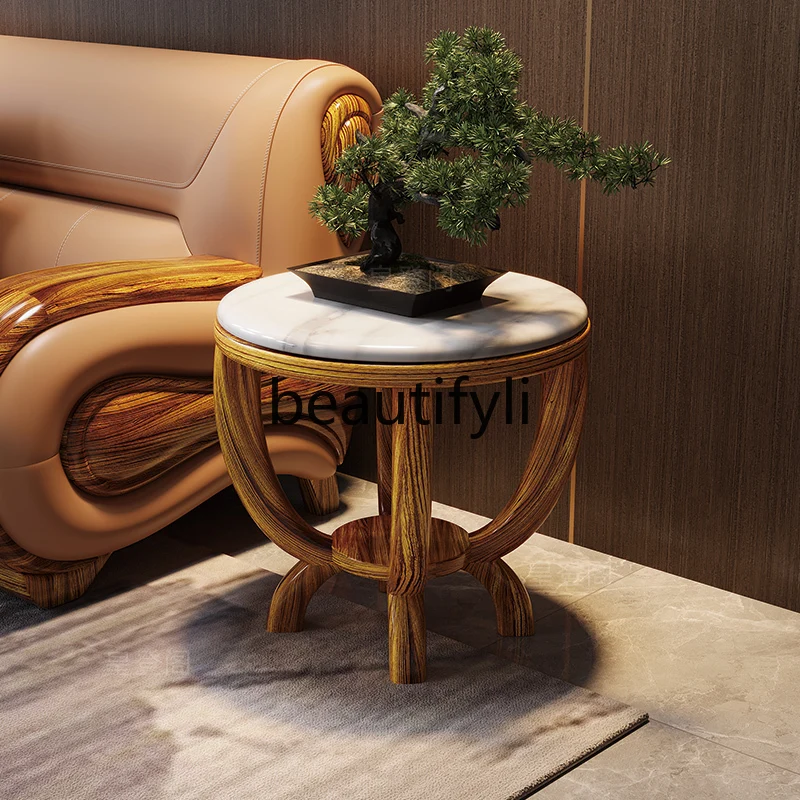 

New Chinese Style Marble Round Table Black Walnut Wood Living Room Solid Wood Balcony Corner Table Sofa Side Table