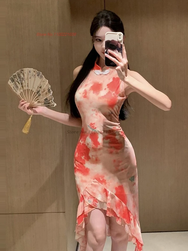 

2025 oriental sexy dress improved cheongsam national flower print mesh qipao traditional banquet nightclub bodycon dress qipao