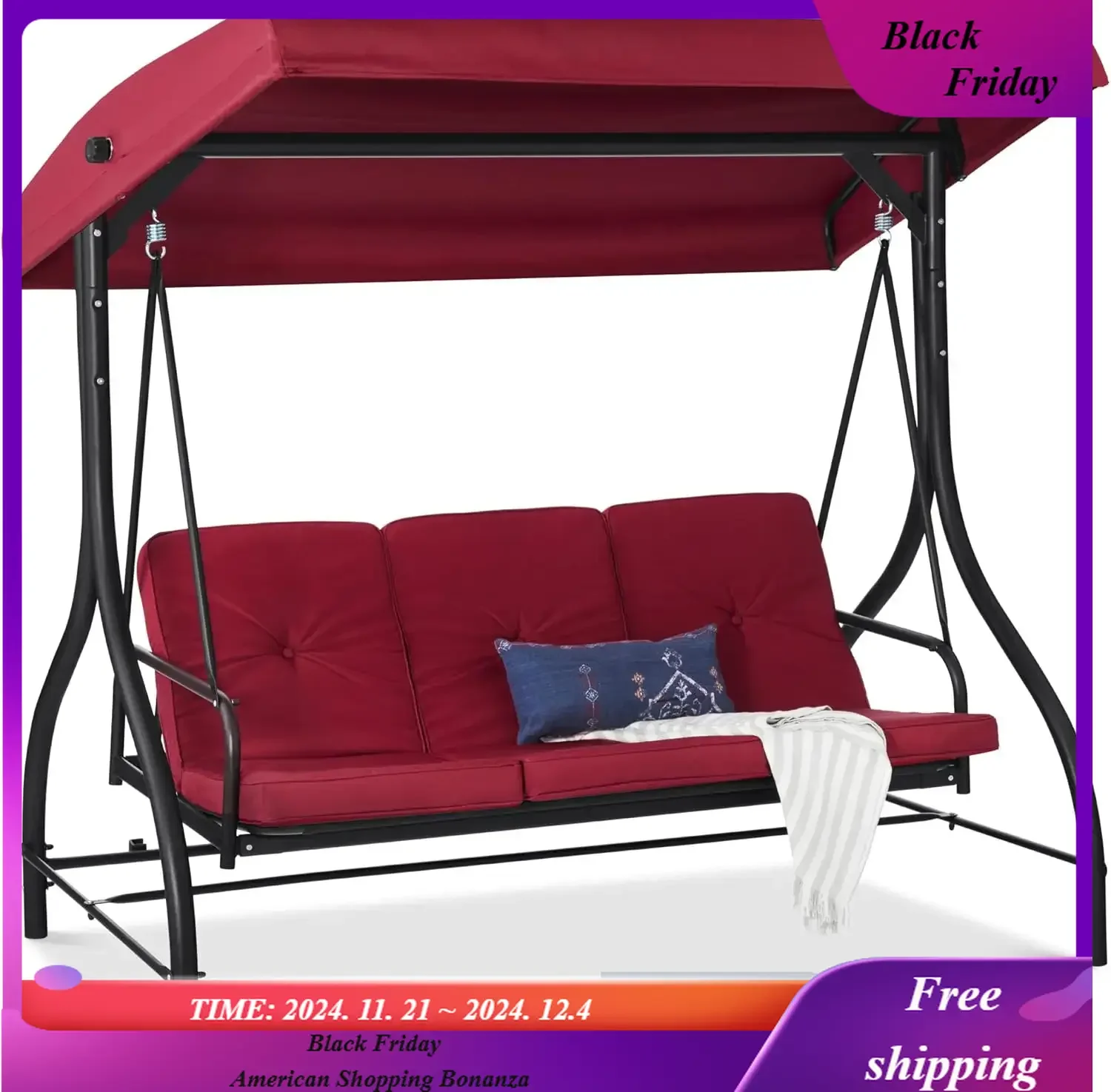 

3-Seat Outdoor Large Converting Canopy Swing Glider, Patio Hammock Lounge Chair for Porch