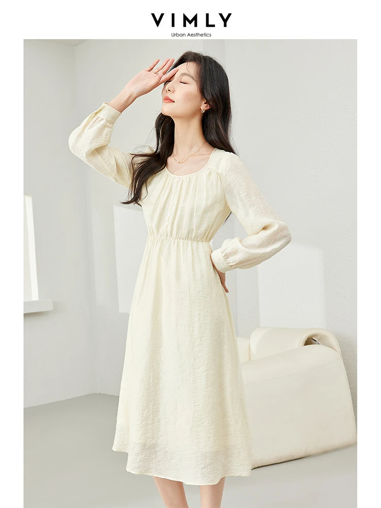 

Vimly French Style Elegant Square Collar A-line Dress Woman 2024 Spring Pullover Long Sleeve Lace-up Waisted Midi Dreeses M6205