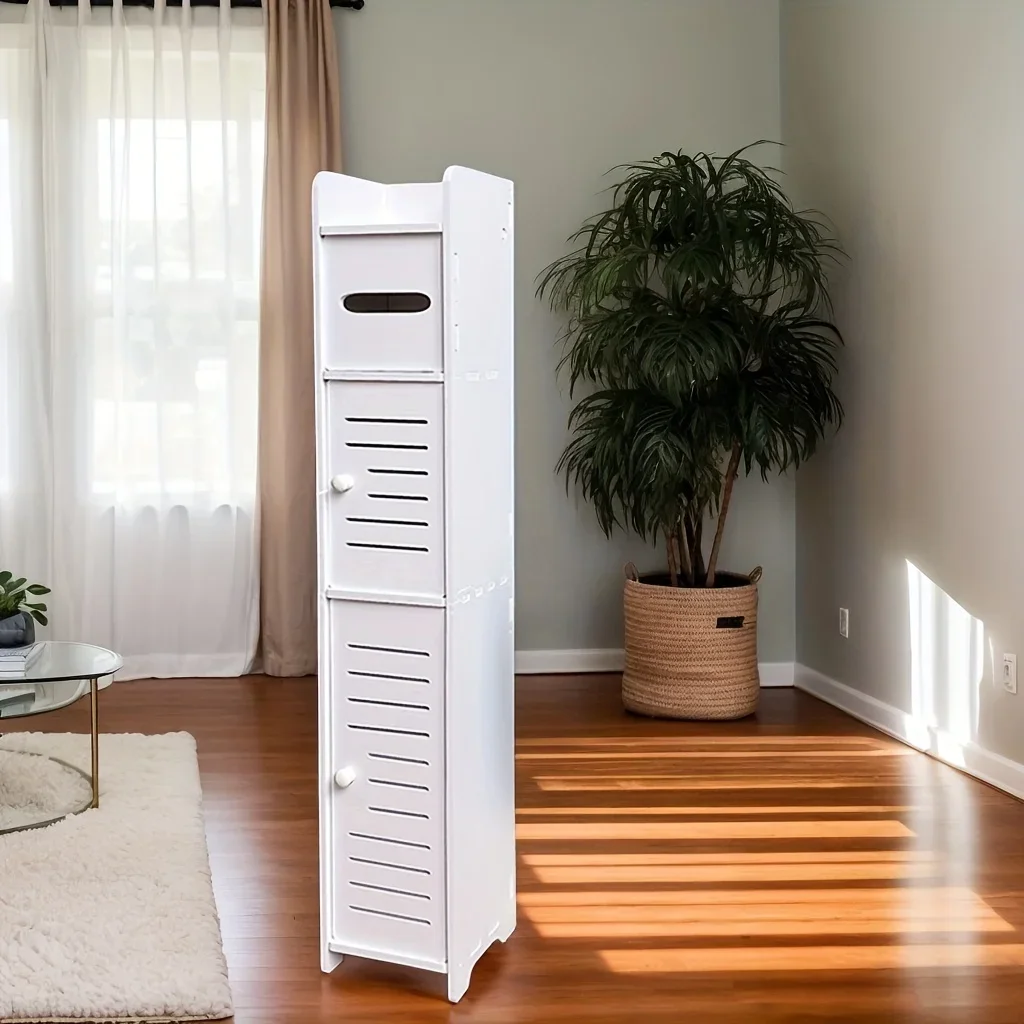 

Space-Saving Bathroom Storage Cabinet -30" Tall, 5.11" Wide, PVC Material with 3 Shelves & Dual Doors for Toiletries and Tissues