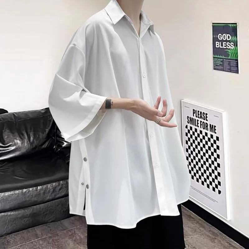 Summer Short Sleeved Shirt Men Oversized Black White Shirt Men Streetwear Korean Loose Ice Silk Shirts Mens Casual Shirt M-3XL