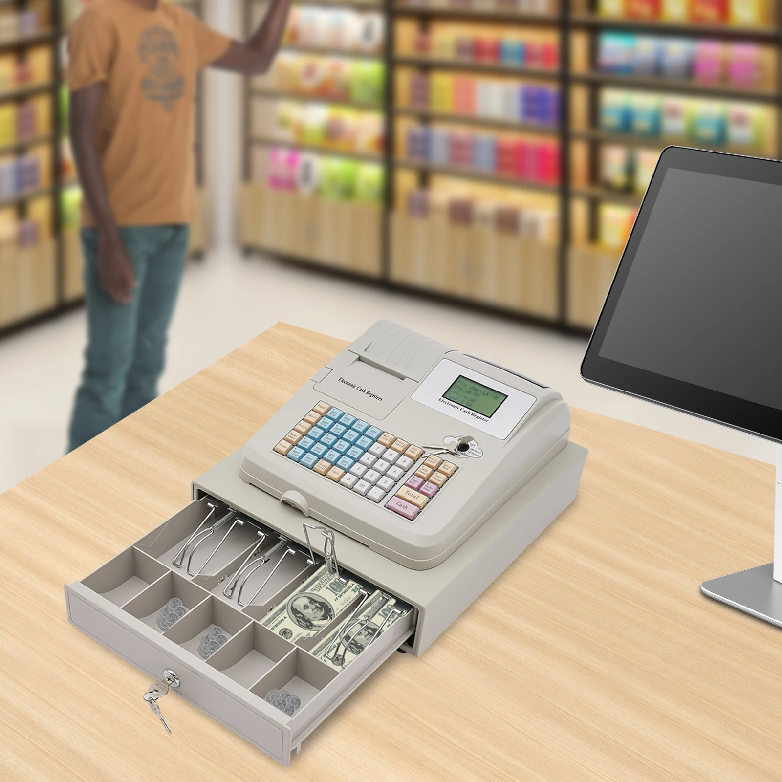 Caixa registradora para pequenas empresas, caixa de gaveta de dinheiro com fechadura, 8 display duplo digital, 48 teclas, sistema de varejo pos de supermercado de restaurante