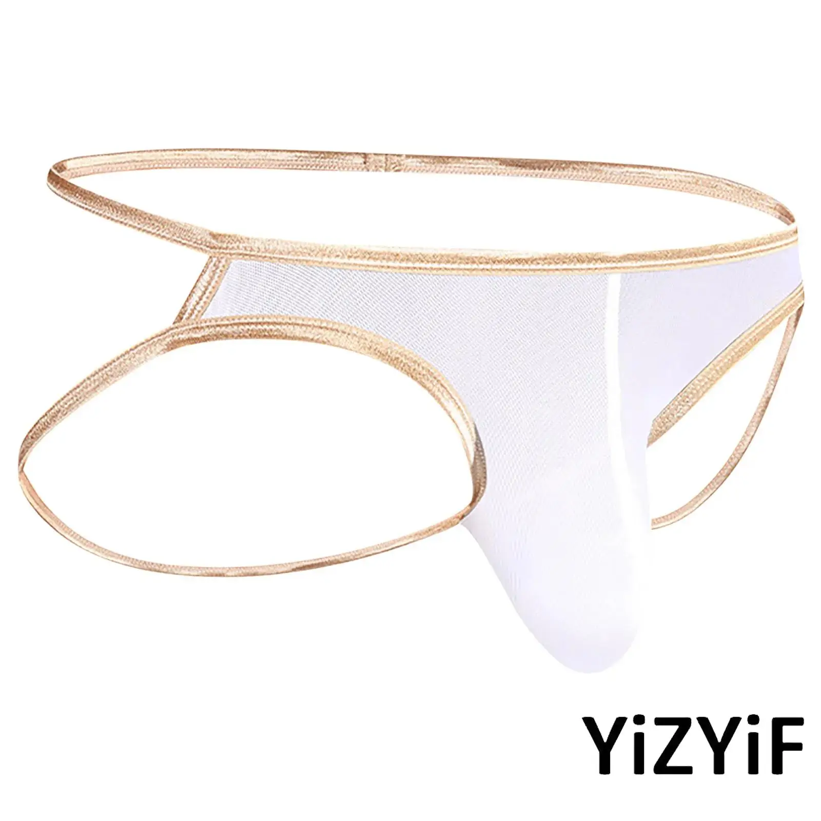 

Gay Mens Silky Bulge Pouch G-string T-back Panties Sheer Mesh Thong Metallic Shiny Trim Bikini Underwear Nightwear Bathing Suit