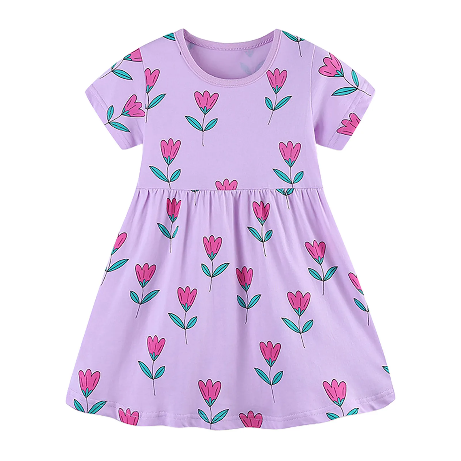 2-8T Kids Girls Short Sleeve Flower Prints Casual Dress Holiday Party Beach Sundress Summer Short Sleeved Kids Frocks Clothes