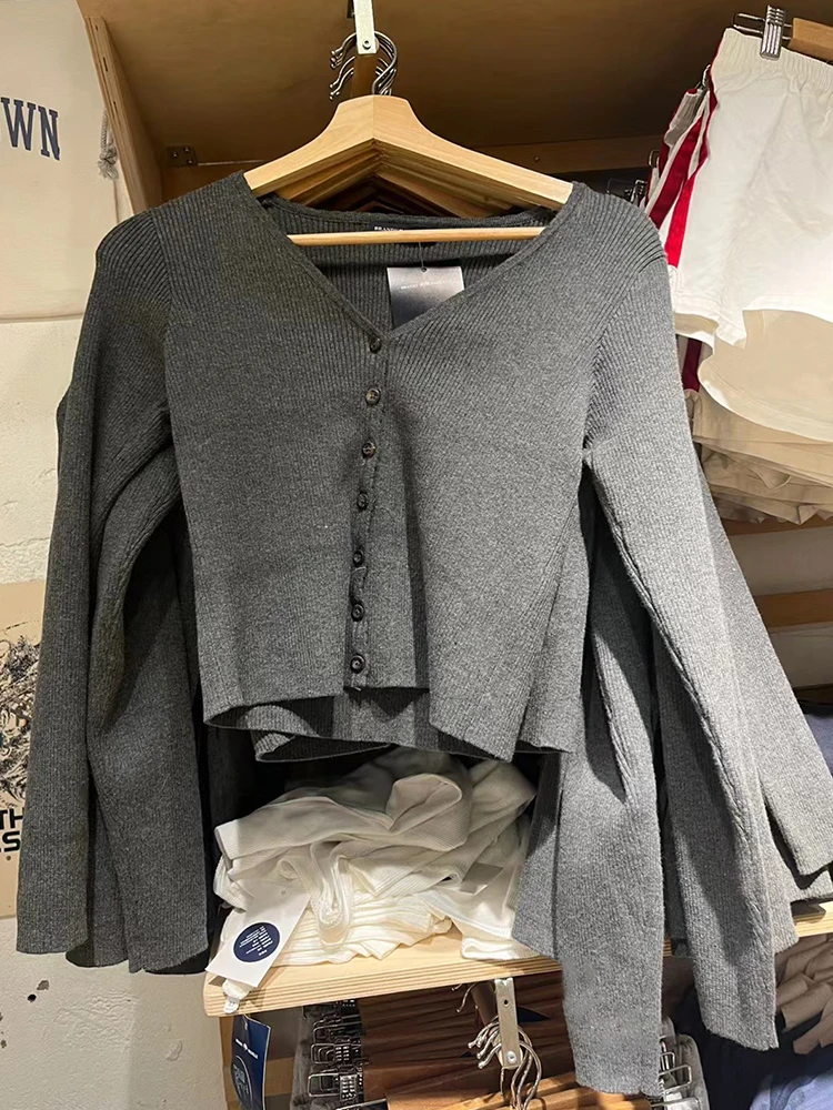 Vintage Knitted V Neck Slim Cardigan Autumn Gray Soft Cotton Long Sleeve Sweater Cardigans Women Harajuku Solid Sweet Tops Y2k