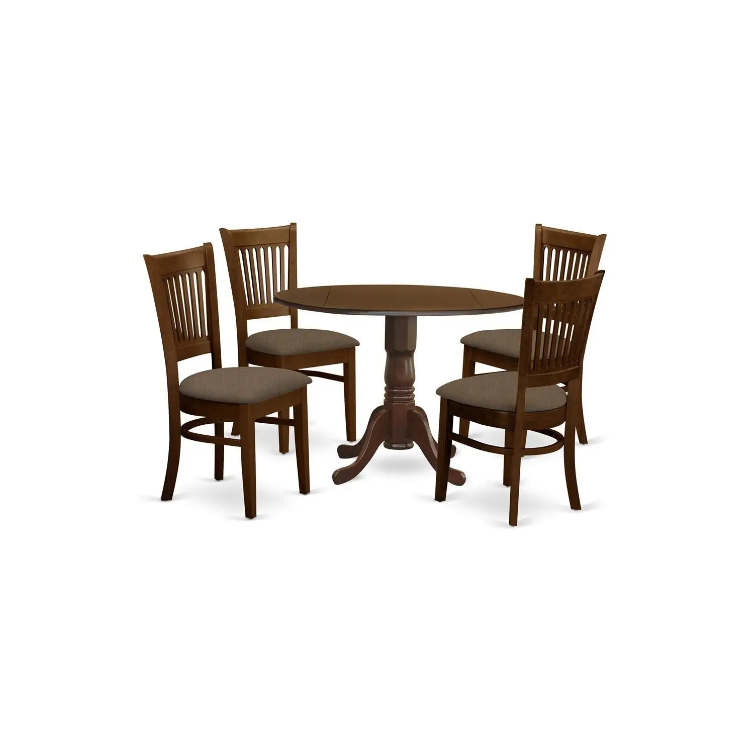 Round Dropleaf Dining Table & 4 Linen Upholstered Chairs 5 Piece Set 42x42 Inch Espresso, Customized