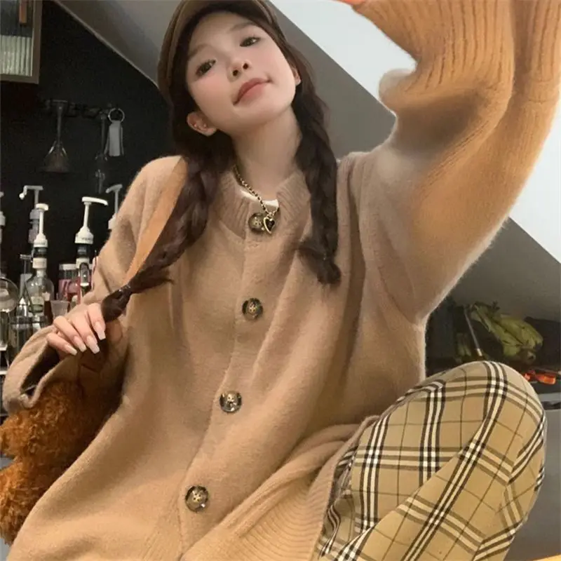 

Women New Lazy Loose Sweater Coats 2026 Spring Autumn Round Neck Button Cardigan Female Long Sleeve Knitted Jackets U279
