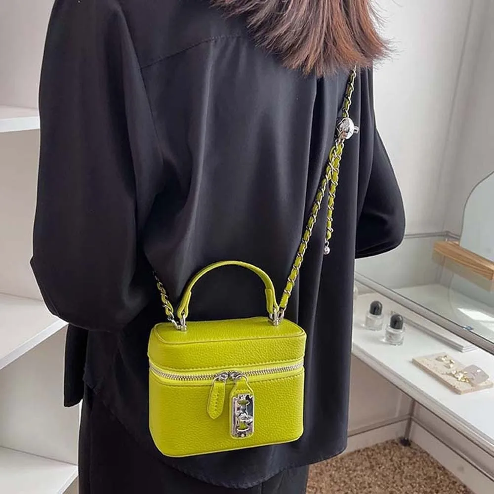 

Pebbled Texture Macaron Box Bag Zipper Closure Compact Size Square Vanity Purse Detachable Strap Vibrant Colors