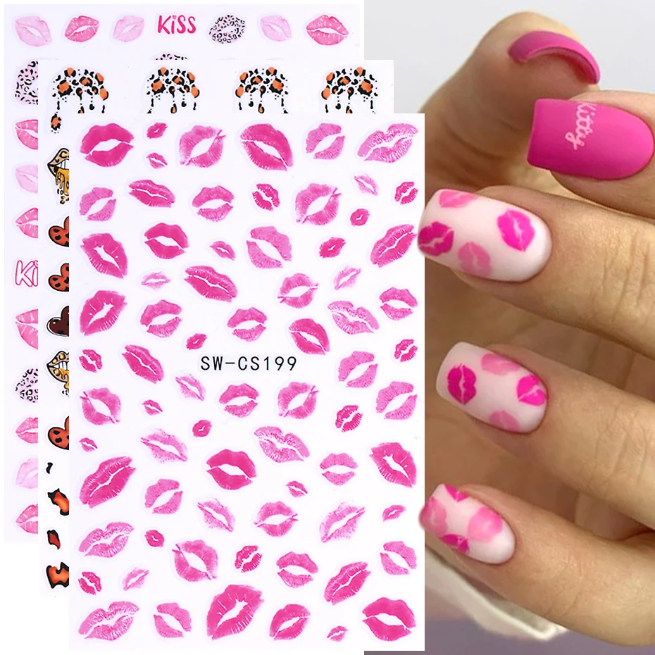 3D Sexy Lips Nail Stickers Leopard Print Love Heart Letter Pink Rose Red Lips Valentines Manicure DIY Romantic Nail Decoration