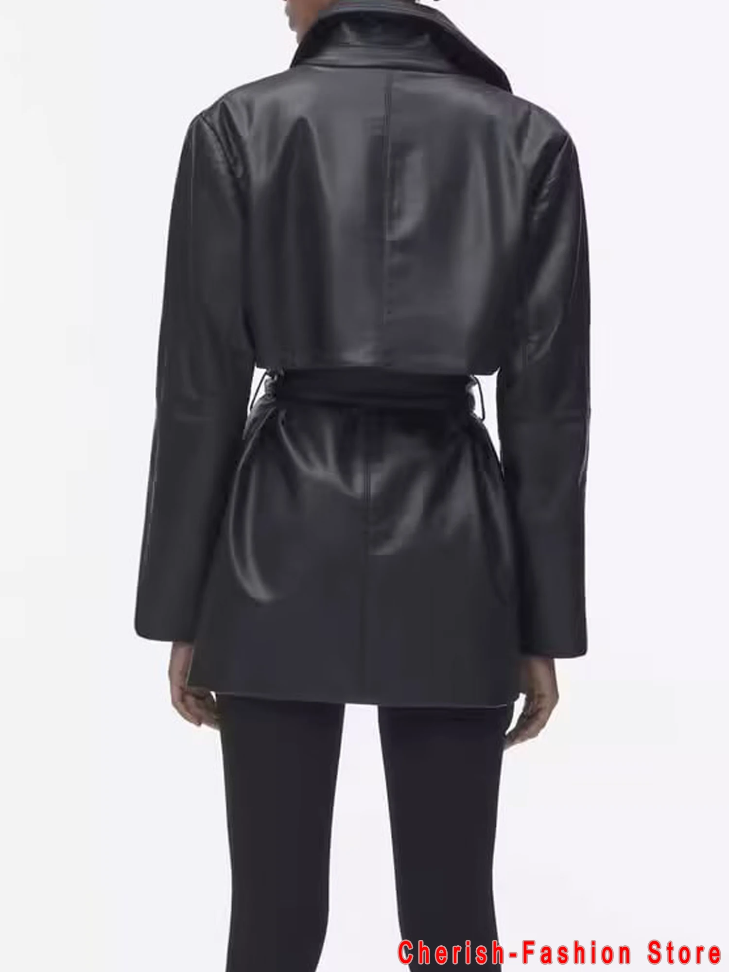 Damesmode Met Riem Faux Lederen Trenchcoat Vintage Lange Mouw Zwarte Zakken Dames Bovenkleding Chique Overjas