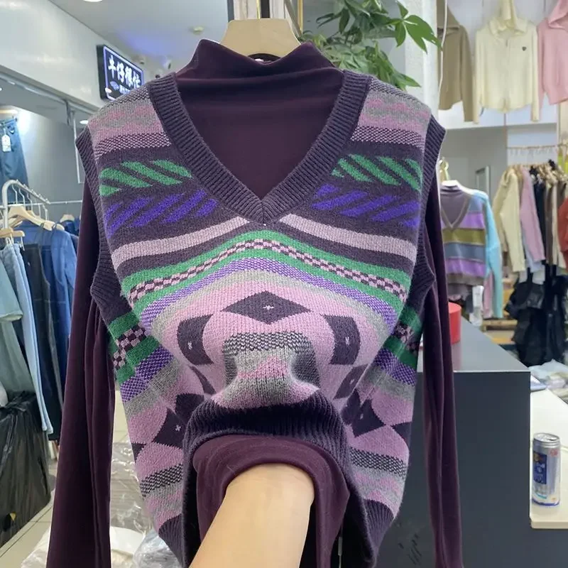 

Autumn Winter Two-piece Suit Knitting V-neck Tank Top Interior Lapping Fashion Trend Top Tee Women Clothing Fashionable T-Shirts