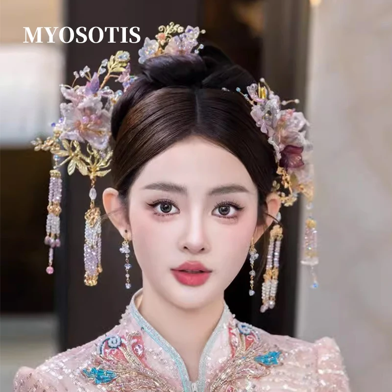 

Bridal Headdress Lavender Ancient Style Hair Accessories Light Color Flower Classical Tassel Hairpin Xiuhe Clothing Hairwear Set