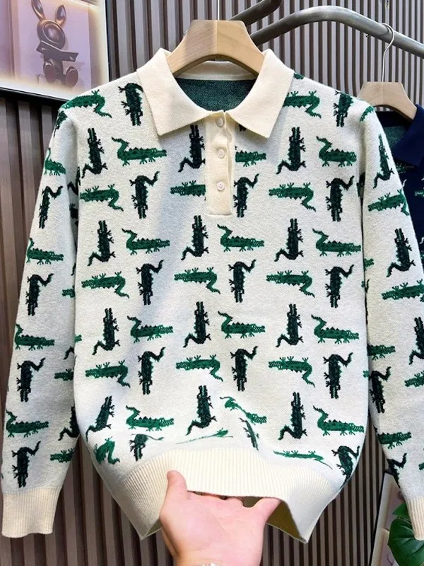 

Модная мужская вязаная рубашка с уникальной вышивкой в виде крокодила, деловой повседневный стиль, свободный крой, мягкий трикотаж, длинный рукав
