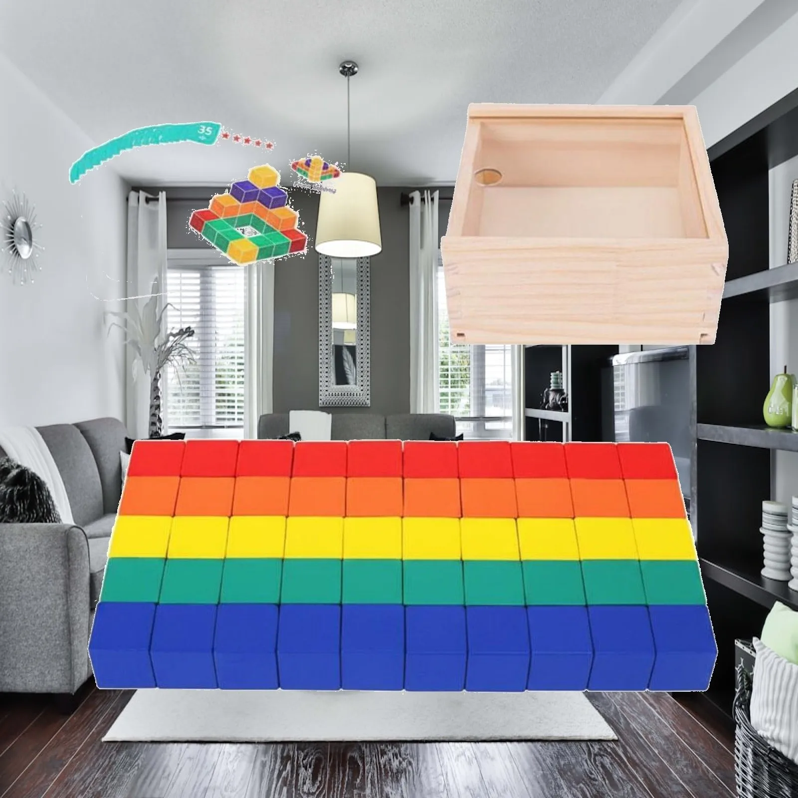 Didactic Cubes for Children Wooden Math Toy Set 50 Pieces with Pattern Cards for Preschool Counting and Sorting Fun