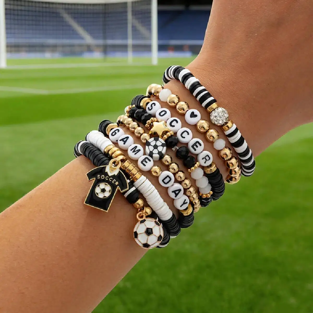KunJoe Colorful Beaded Bracelet Set Football Basketball Letter Charms Hand Chain Women Men Sports Jewelry Stackable Bracelet New