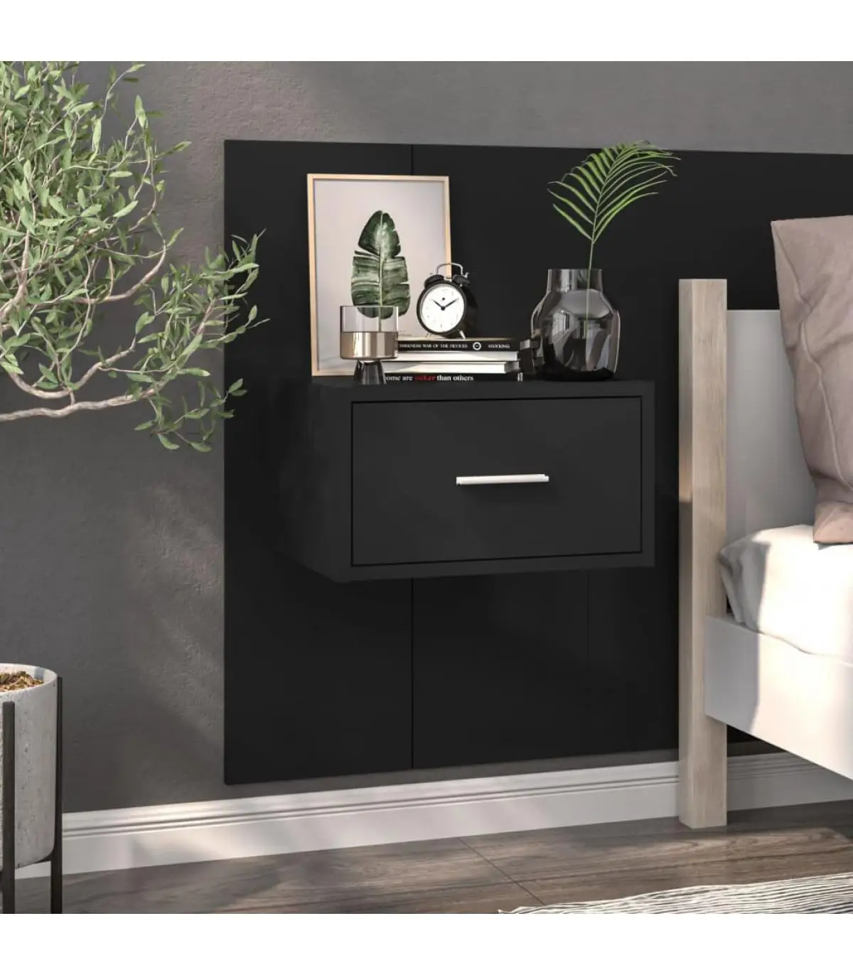 Black wall bedside tables