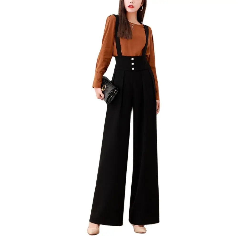 S To 5XL Women High Waist Fashion Wide Leg Jumpsuits Solid Black Overalls For Autumn Office Lady Elegant Baggy Trousers Oversize