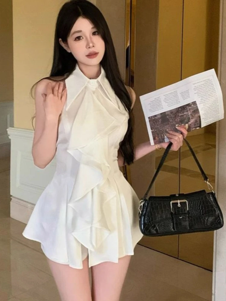 

Summer Sleeveless Blouse Women Clothes Chic Ruffled Slim Fit Shirts 2026 Mujer De Moda Turn Down Collar Solid Color Y2k Blouses