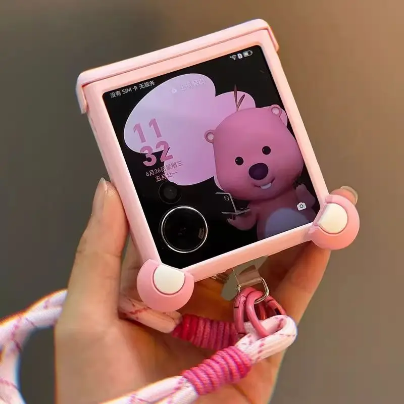 Cute Pink Ears Portable Lanyard Phone Case For Motorola MOTO RAZR 40 Ultra 50 Ultra 60 Pro Razr Plus 2025 2024 2023 Hinge Cover
