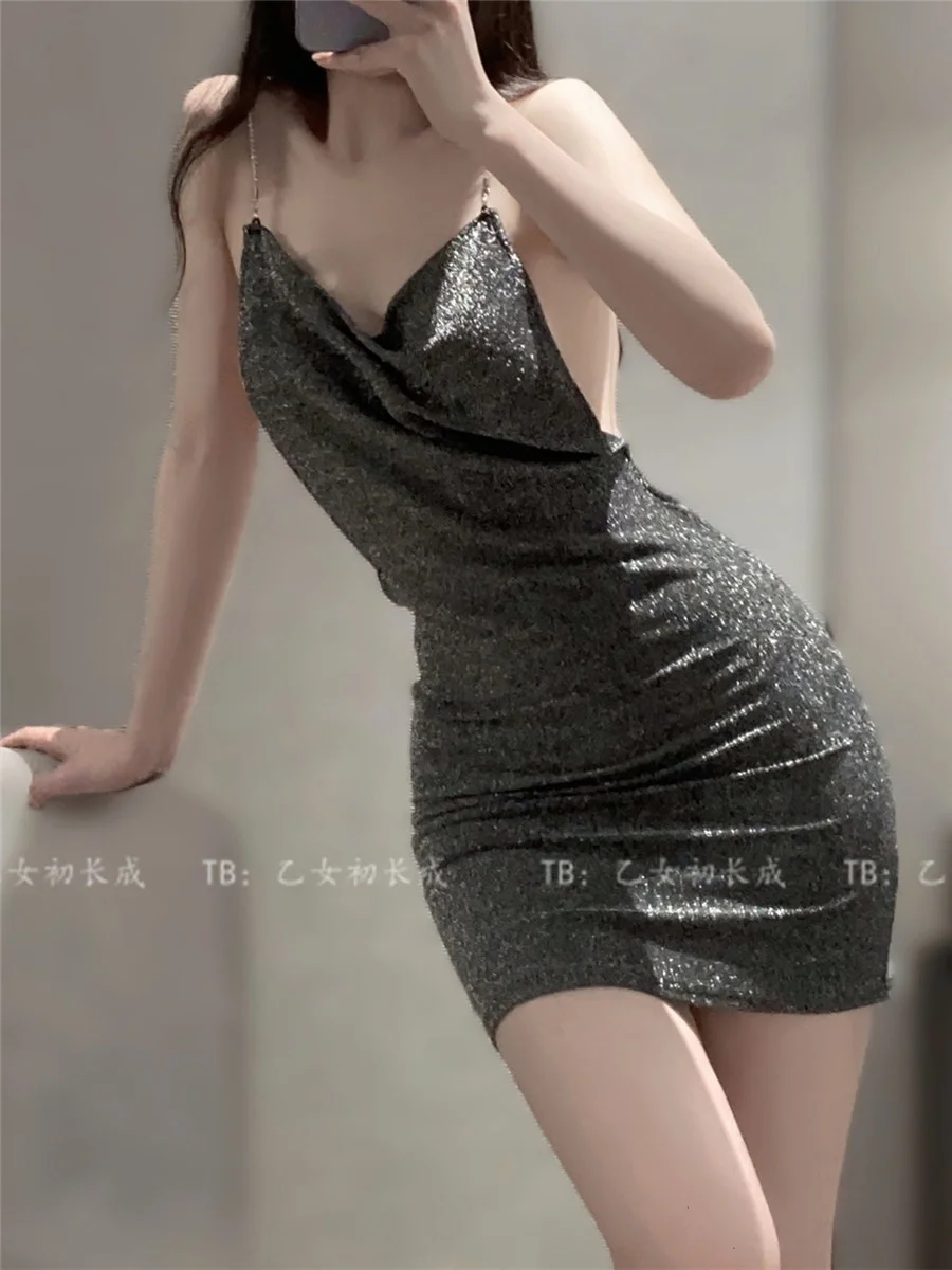 WOMENGAGA Sexy Beauty Slim Tank Mini Dress V-Neck Slim Hip Open Back Low Breast NightClub Hot Sweet Fashion Korean Women JT0F