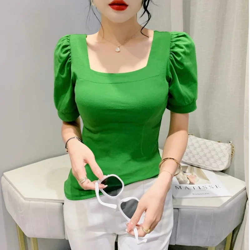 #5103 Square Collar Short Sleeve T Shirt Women Summer Cotton Sexy Short T Shirt Femme Puff Sleeve Korean Fashion Summer Tops