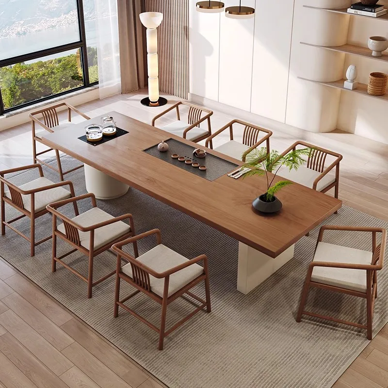 

Solid wood tea table and chair combination Cream Wabi Sabi wind house meeting exhibition hall large board tea table living room