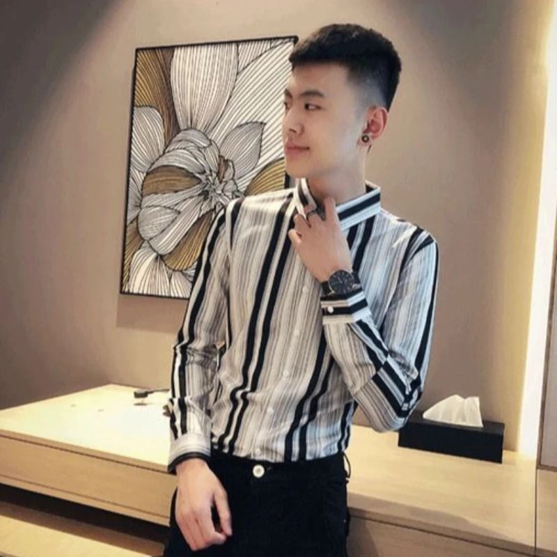 

​Trendy Men's Striped Shirt Long Sleeve Slim Fit Autumn Korean Style Barber Inspired Premium Look​
