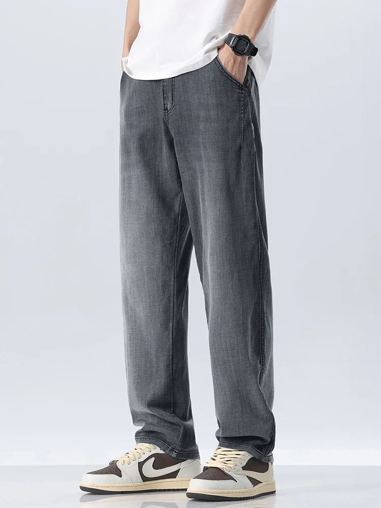 Lyocell-Jean Droit et Doux pour Homme, Confortable, Jambes Larges, Décontracté, Bleu, Gris, Été 2024