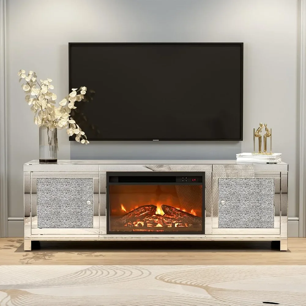 Mirrored TV Stand with Fireplace, TVs Stand for 65+ Inch TV, Mantel Heater W/7 Colors Changing &3D Realistic Flame Effect